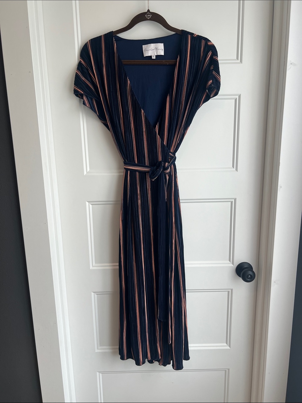Charles Henry Navy Midi Wrap Dress with Peach Stripes